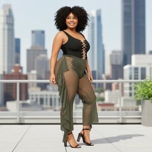 See Through Cover Up Pant Power Mesh Pant Ruffle Side High Waist
New